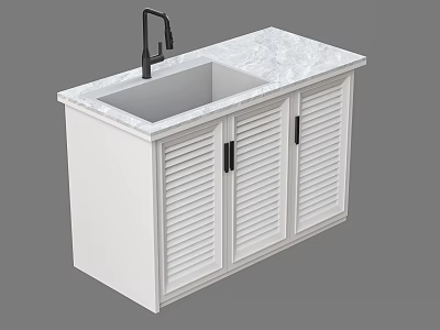 Modern White Bathroom Vanity With Louvered Doors Marble Countertop And Black Faucet 3d model