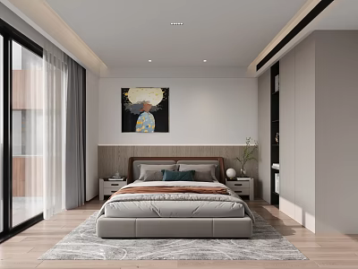 Modern Bedroom Interior Design With Bed Nightstands Rug Window And Wall Artwork 3d model