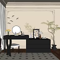 Elegant Black Vanity Table With Round Mirror And Decorative Plants 3d model