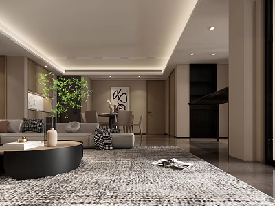 Modern Living and Dining Room Interior With Sofa Coffee Table Patterned Rug And Green Plant 3d model