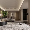 Modern Living and Dining Room Interior With Sofa Coffee Table Patterned Rug And Green Plant