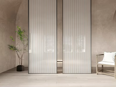 Modern Vertical Striped Glass Partition In Minimalist Interior With Plant And Chair 3d model