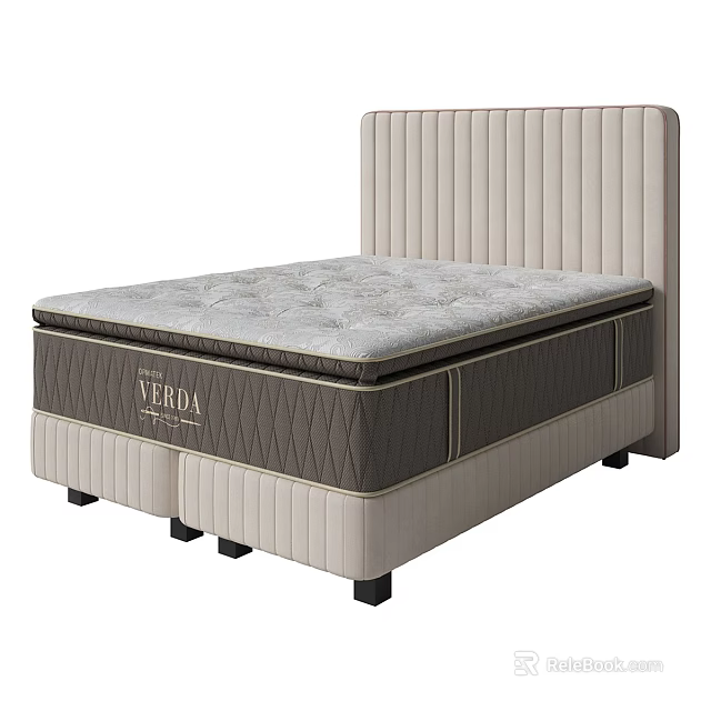 Modern Double Bed With Beige Upholstered Vertical Stripe Headboard And Gray Textured Mattress 3d model 