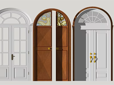 White and Brown Double Doors with Arched Top Windows Stained Glass and Golden Handles 3d model
