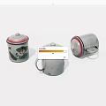 Three Gray Mugs With Red Rims Lids And Floral Patterns On White Background