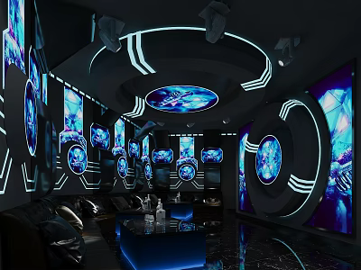Modern KTV Interior Design With Circular LED Screens And Neon Lighting Decor 3d model