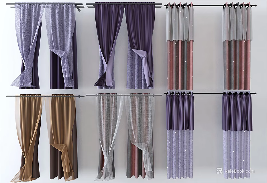 Colorful Curtains In Various Materials And Styles For Home Window Decor 3d model 