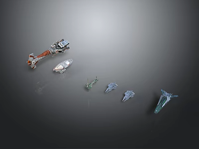 Various Scifi Model Designs With Metallic And Transparent Small Objects Arranged 3d model