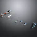 Various Scifi Model Designs With Metallic And Transparent Small Objects Arranged 3d model
