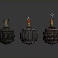 Three Hand Grenades With Ribbed Metal Shells And Safety Pins As Weapons