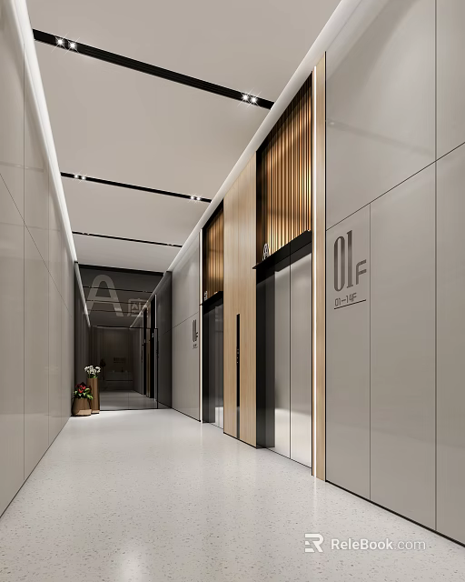 Modern Elevator Hallway Interior With Sleek Wall Design Elevator Doors And Floor Number Sign 3d model