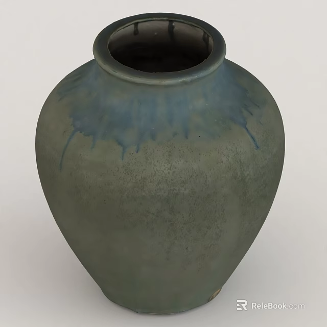 Gray Green Ceramic Vase With Blue Glaze Drip Pattern And Smooth Surface 3d model 