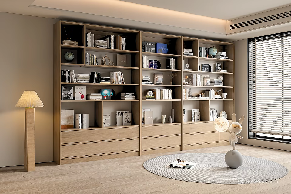 Modern Wooden Bookcase With Books Decorative Items Floor Lamp And Round Rug Near Window 3d model 