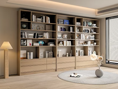 Modern Wooden Bookcase With Books Decorative Items Floor Lamp And Round Rug Near Window 3d model