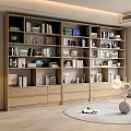 Modern Wooden Bookcase With Books Decorative Items Floor Lamp And Round Rug Near Window