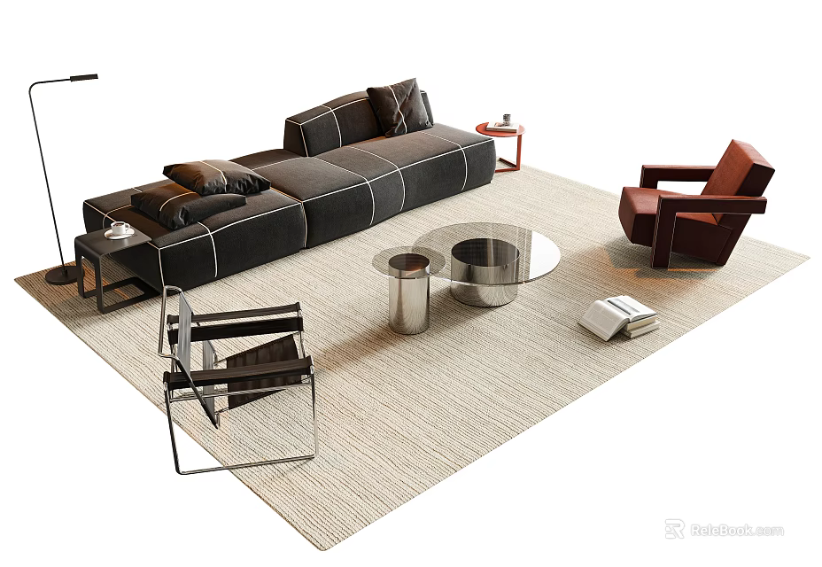 Black Leather Sofa Coffee Table Set With Round Metal Table And Beige Rug 3d model 