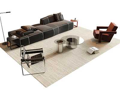 Black Leather Sofa Coffee Table Set With Round Metal Table And Beige Rug 3d model
