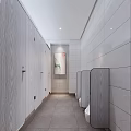 Modern Public Restroom Design With White Tile Walls Marble Washbasins Window And Glass Partitions