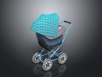 Baby Stroller Design With Blue Frame Green Plaid Canopy And Gray Seat 3d model