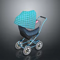 Baby Stroller Design With Blue Frame Green Plaid Canopy And Gray Seat
