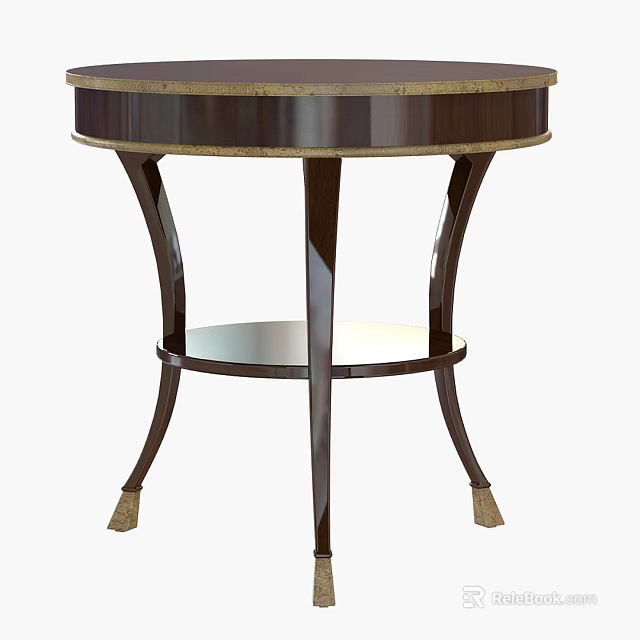 Elegant Round Side Table With Marble Top Curved Dark Wood Legs And Lower Shelf 3d model 