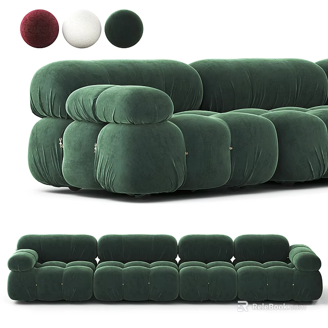 Green Velvet Modular Sofa With Plush Cushions Rounded Arms And Metal Accents 3d model 