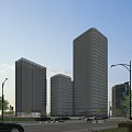 Modern High Rise Office Towers With Glass Facade And Urban Street Greenery