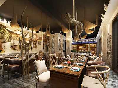 Natural Rustic Restaurant Interior With Wooden Decor Hanging Lamps And Dining Tables 3d model