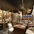 Natural Rustic Restaurant Interior With Wooden Decor Hanging Lamps And Dining Tables