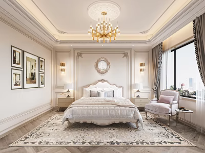 Elegant Modern Bedroom Interior With Luxury Bed Golden Chandelier And Wall Art Area Rug 3d model