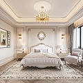 Elegant Modern Bedroom Interior With Luxury Bed Golden Chandelier And Wall Art Area Rug