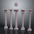 Classical Columns With Various Decorative Designs And Circular Ornaments For Architectural Elements