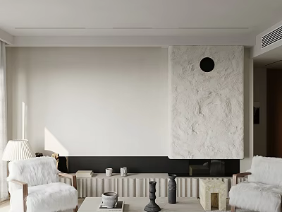 Modern Living Room With White Armchairs Light Coffee Table Textured Fireplace And Black Circular Decor 3d model