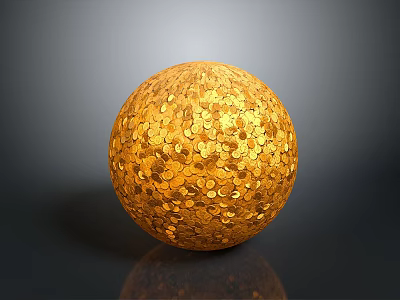 Golden Decorative Sphere Covered With Small Coins For Home Decoration 3d model