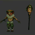 Fantasy Lizard Character In Red Orange Armor With Flaming Staff And Scaly Texture