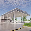 Modern Gas Station Exterior Design With Curved Canopy Sunset Sky And Trees