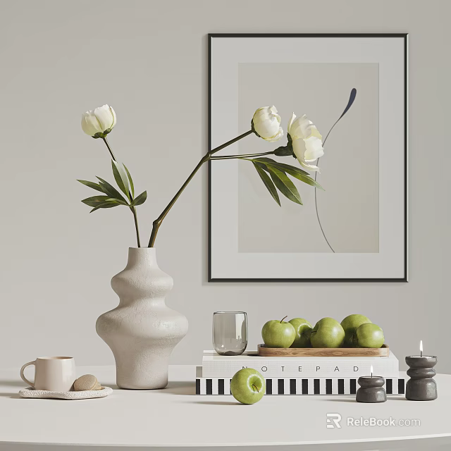 Stylish Decorative Accessories Set with White Vase Flowers Green Apples Tray and Abstract Painting 3d model 