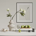 Stylish Decorative Accessories Set with White Vase Flowers Green Apples Tray and Abstract Painting