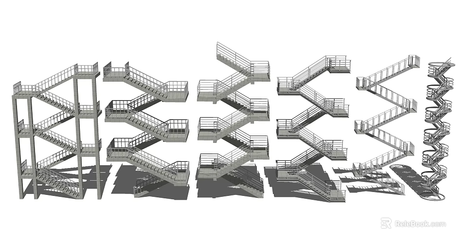 Various Staircase Design Types With Metal Railings And Structural Features 3d model