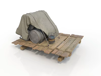 Industrial Equipment Setup With Canvas Covered Metal Drum On Wooden Pallet 3d model