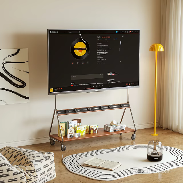 TV Stand With Metal Frame Wheels Storage And TV On Top In Living Room 3d model 