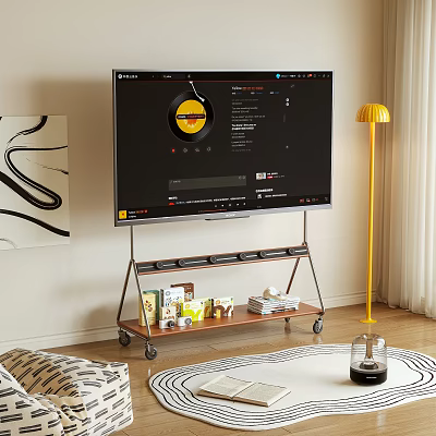 TV Stand With Metal Frame Wheels Storage And TV On Top In Living Room 3d model
