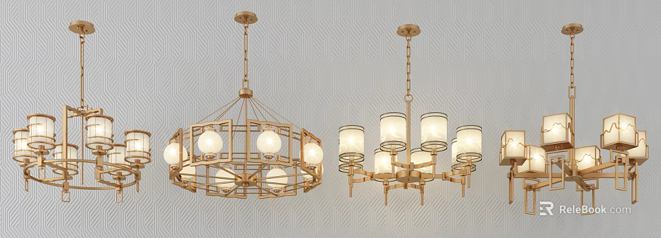 Elegant Modern Chandeliers With Golden Frame Spherical And Cylindrical Glass Shades For Home Interior 3d model 