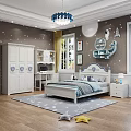 Starry Themed White Children's Bed With Blue Accents Desk Wardrobe Whale Shelf And Astronaut Decor