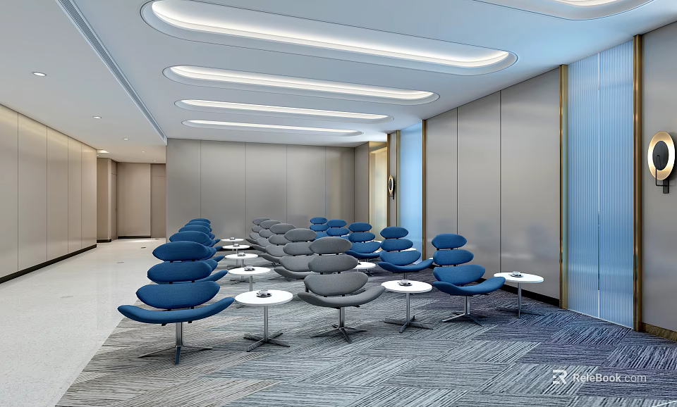 Modern Meeting Room Interior With Blue Gray Chairs Round Tables And Minimalist Design 3d model 