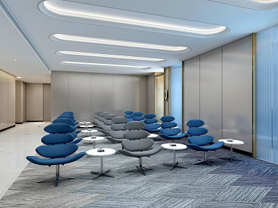 Modern Meeting Room Interior With Blue Gray Chairs Round Tables And Minimalist Design 3d model