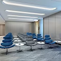 Modern Meeting Room Interior With Blue Gray Chairs Round Tables And Minimalist Design