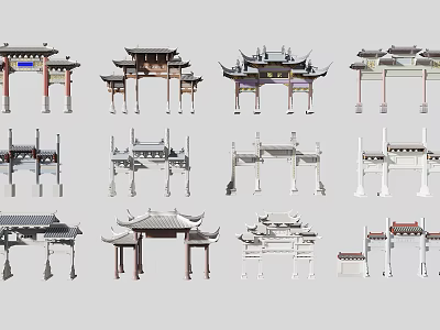 Traditional Chinese Memorial Archways With Various Carved Designs And Classic Roof Structures 3d model