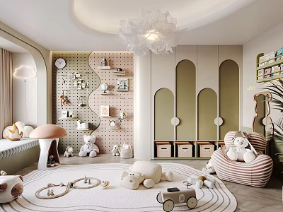 Playful Kids Room Interior With Mushroom Furniture Stuffed Toys And Play Mat 3d model