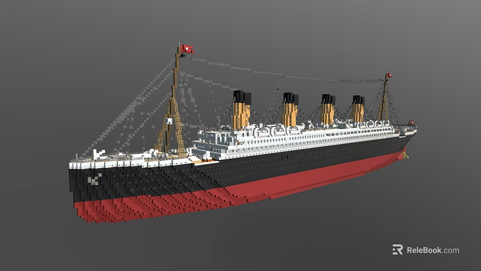 Vintage Cruise Ship Model With Four Funnels And Black White Red Hull 3d model 